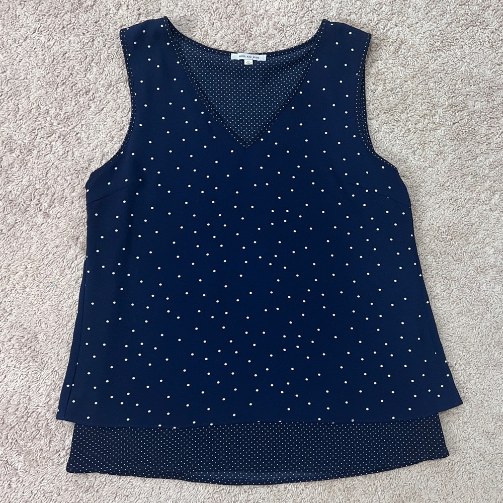 Skies Are Blue Split Back Polka Dot Tank Sz M Navy